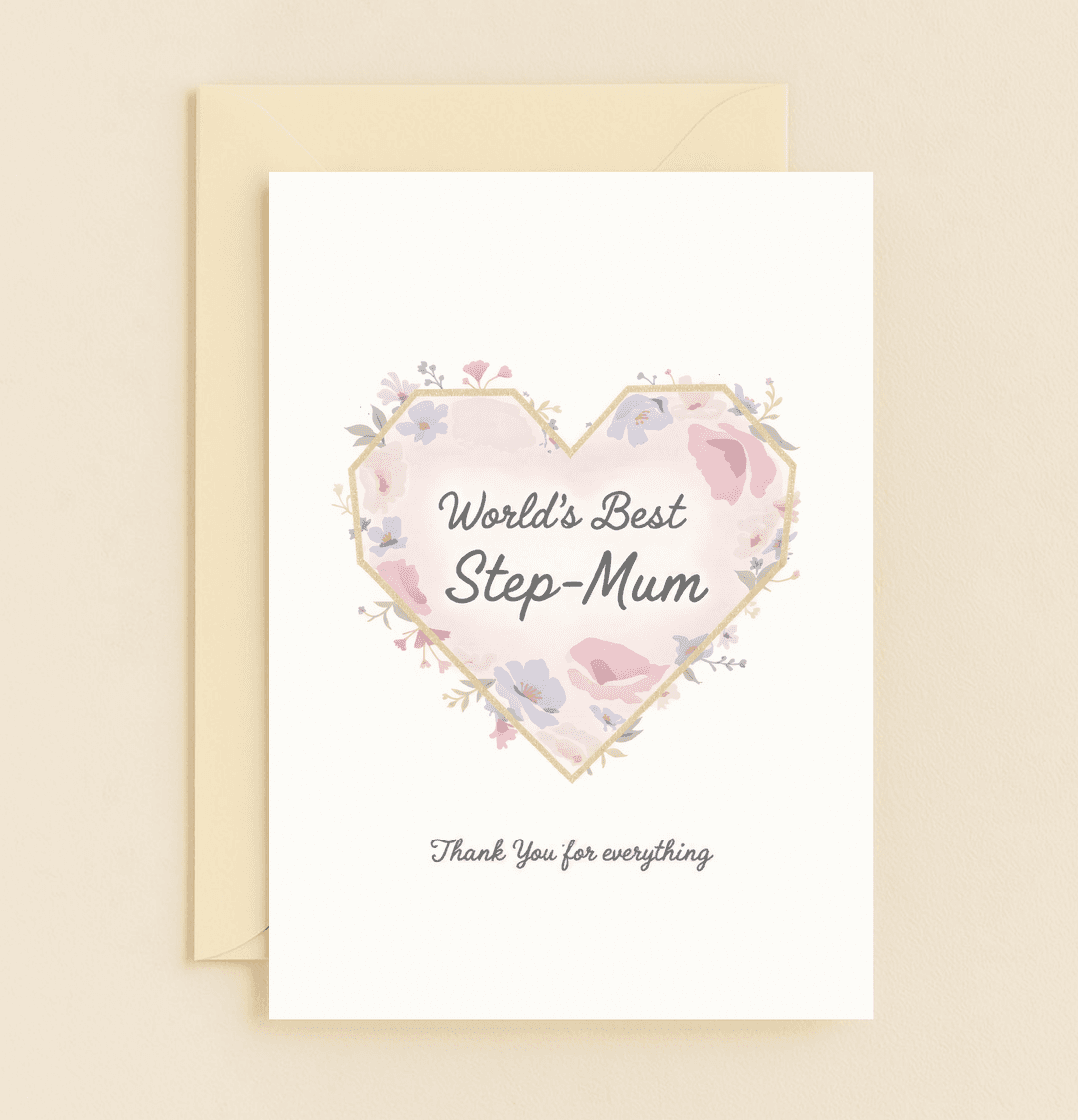 Express your gratitude with this elegant card featuring a pastel floral heart and gold accents, perfect for the world's best step-mum.