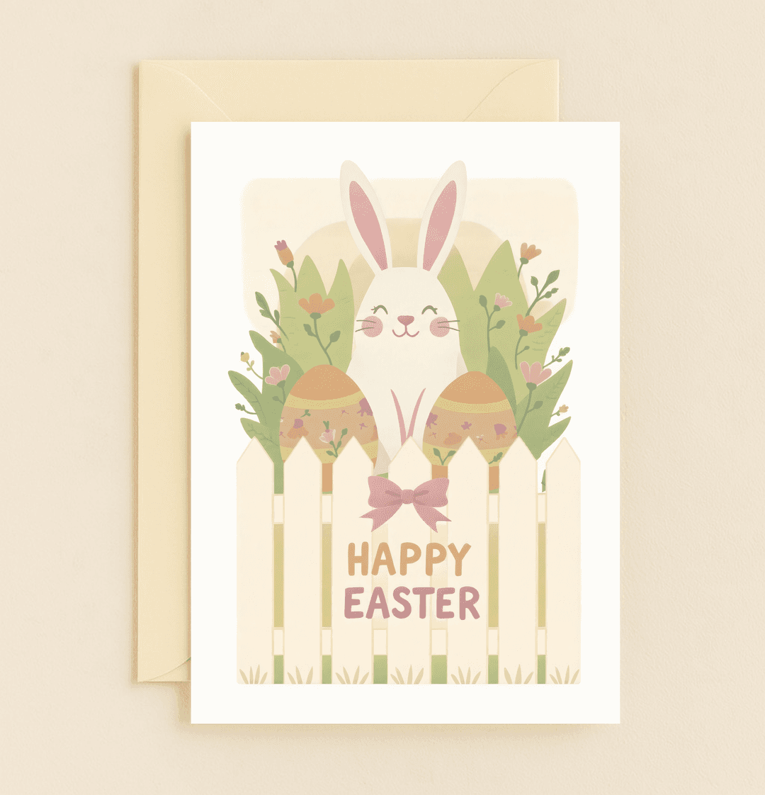 Celebrate Easter with a cute card featuring a cheerful bunny, colorful eggs, and spring blooms, perfect for spreading joy and seasonal cheer.