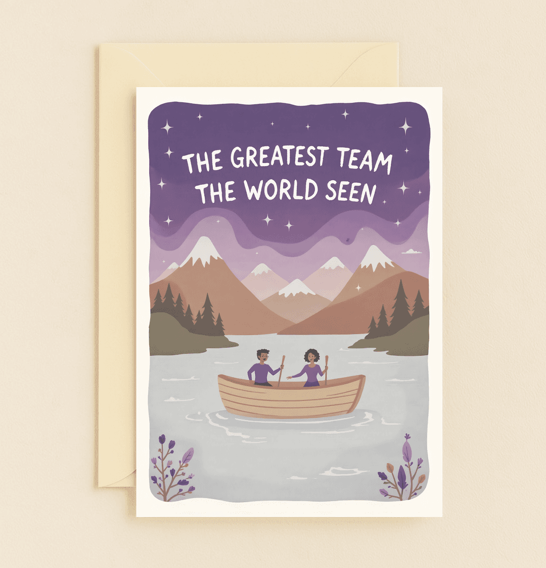 Celebrate your anniversary with a whimsical card featuring a couple rowing through a starry, mountainous lake, highlighting the humor and beauty of partnership.