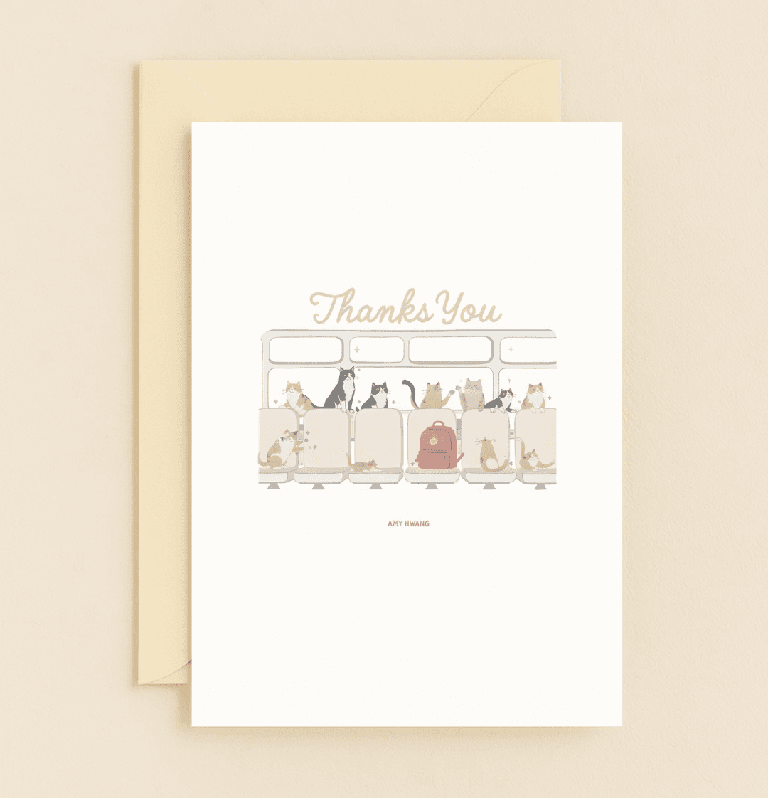 Express your gratitude with a playful, cat-themed card featuring commuting felines and a touch of humor, perfect for the travel-loving cat enthusiast.