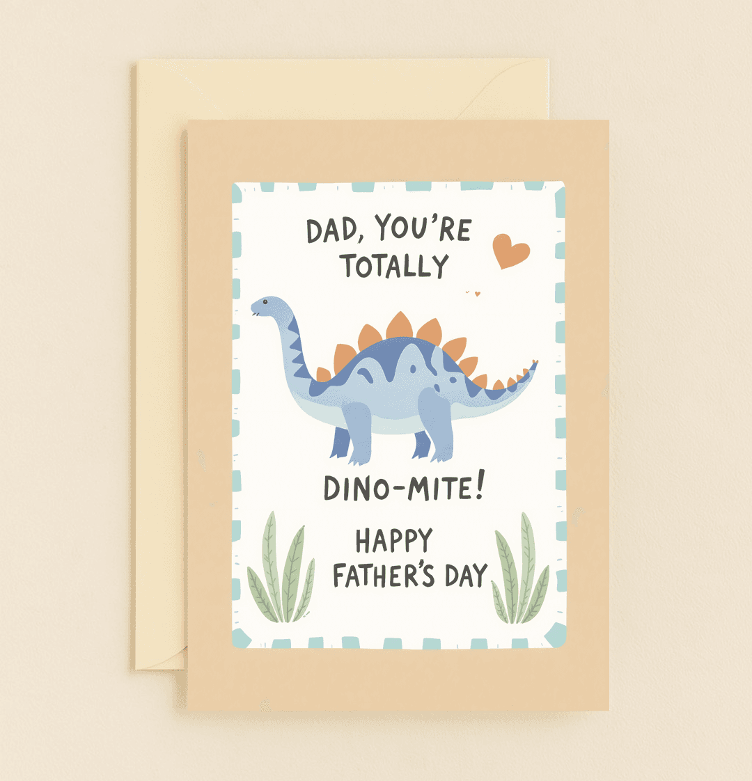Celebrate Father's Day with a playful, pun-filled card featuring a whimsical stegosaurus and heartfelt message, perfect for your dino-mite dad!.