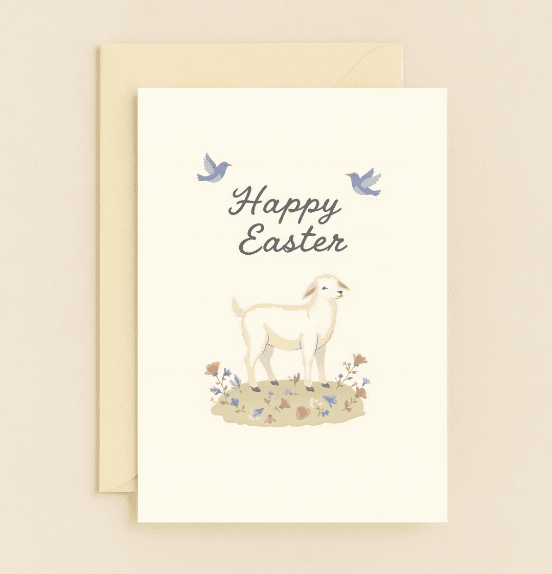 Celebrate Easter with a charming card featuring a fluffy lamb, vibrant blossoms, and soaring blue birds, all in gentle pastels and a cheerful spring scene.