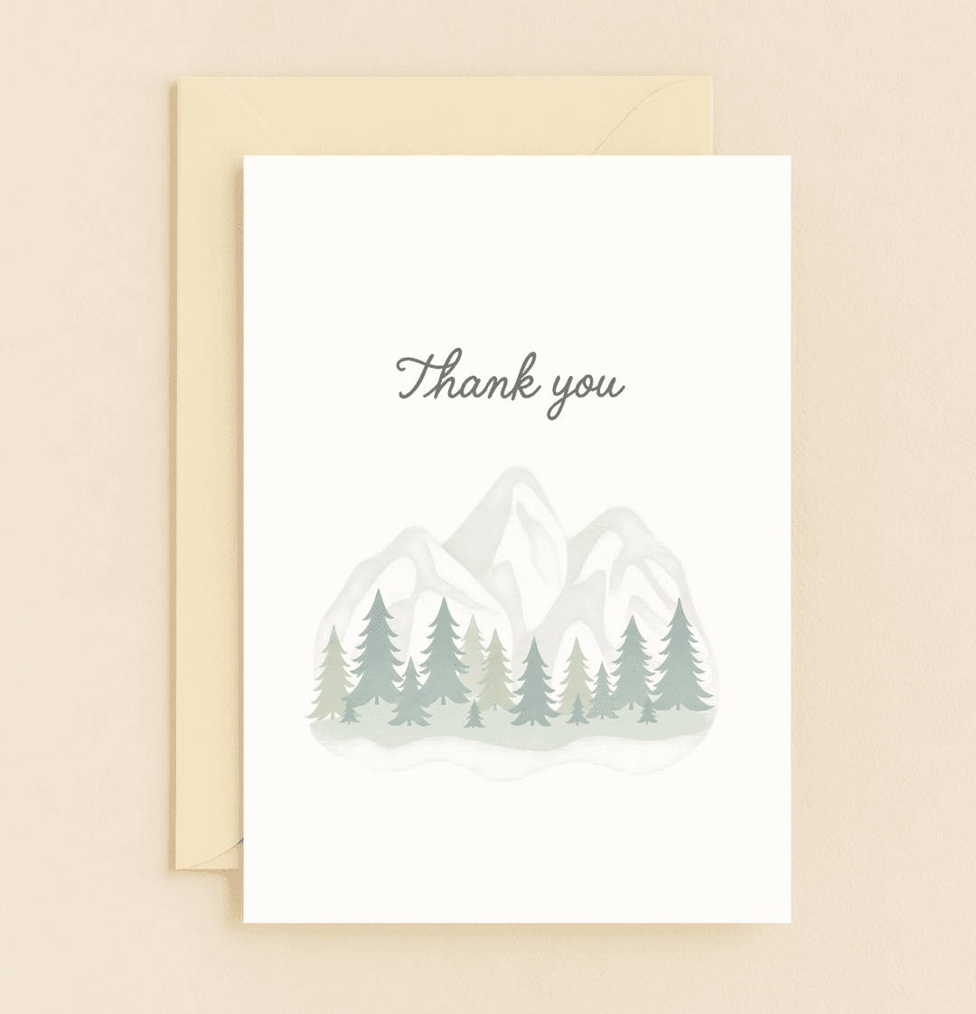 Express heartfelt gratitude with this calming watercolor card featuring serene mountains and pine forests in soft pastel hues.