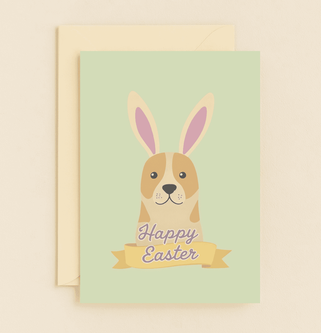 Celebrate Easter with a punny card featuring an adorable dog in bunny ears and a cheerful ribbon, set against a pastel green backdrop for pawsitive vibes.