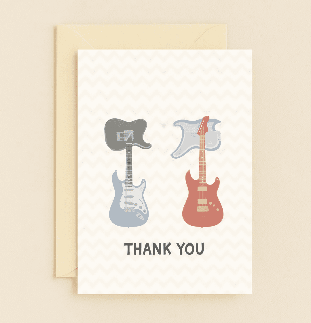 Express gratitude with a rockin' twist through this vibrant electric guitar-themed card, perfect for music lovers who appreciate a good pun.