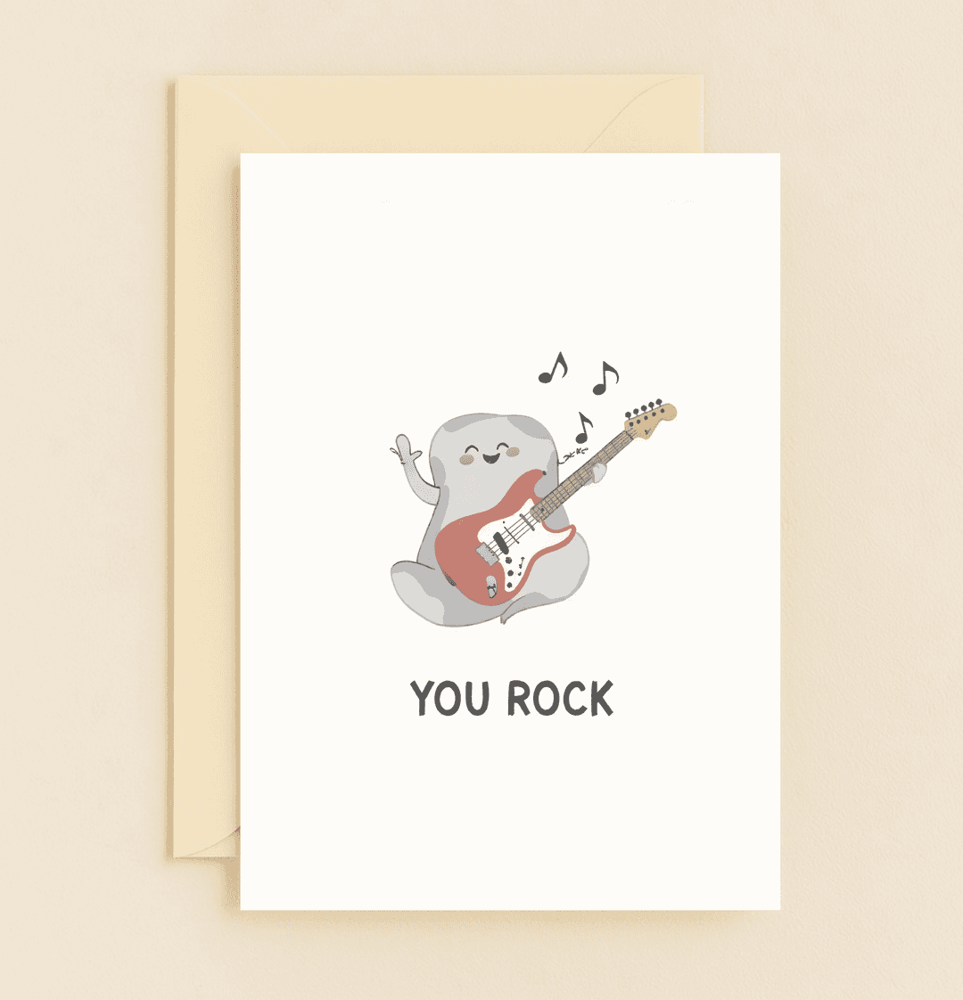 Say thank you with a playful pun as a rock star character strums an electric guitar, sending musical notes of gratitude their way.