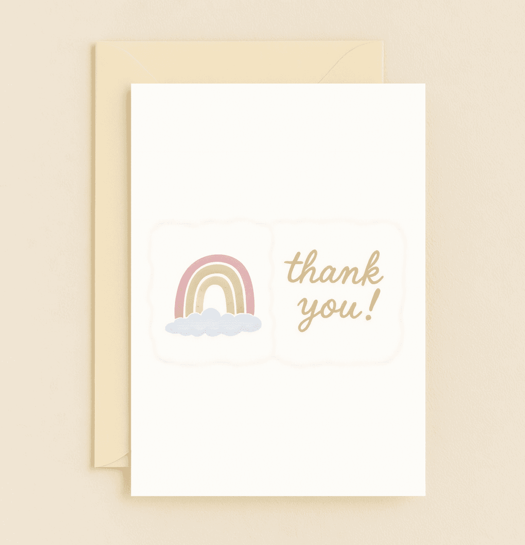 Express heartfelt gratitude with a pastel-hued rainbow and cloud design, elegantly paired with a cursive "thank you!" on a crisp white background.
