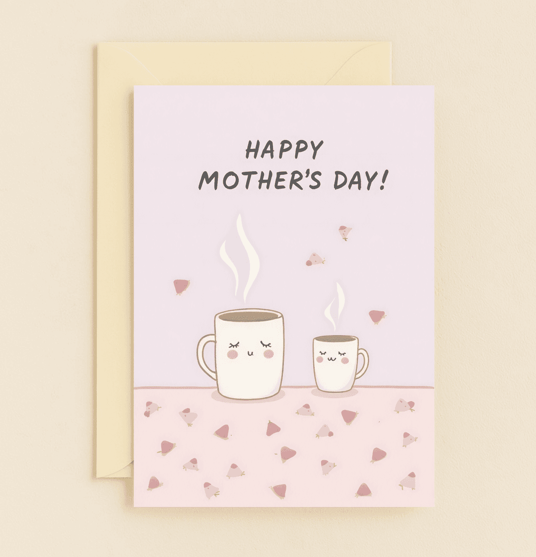 Celebrate Mother's Day with a whimsical card featuring cozy mugs and cute strawberries, perfect for sharing warm, love-filled moments with mom.