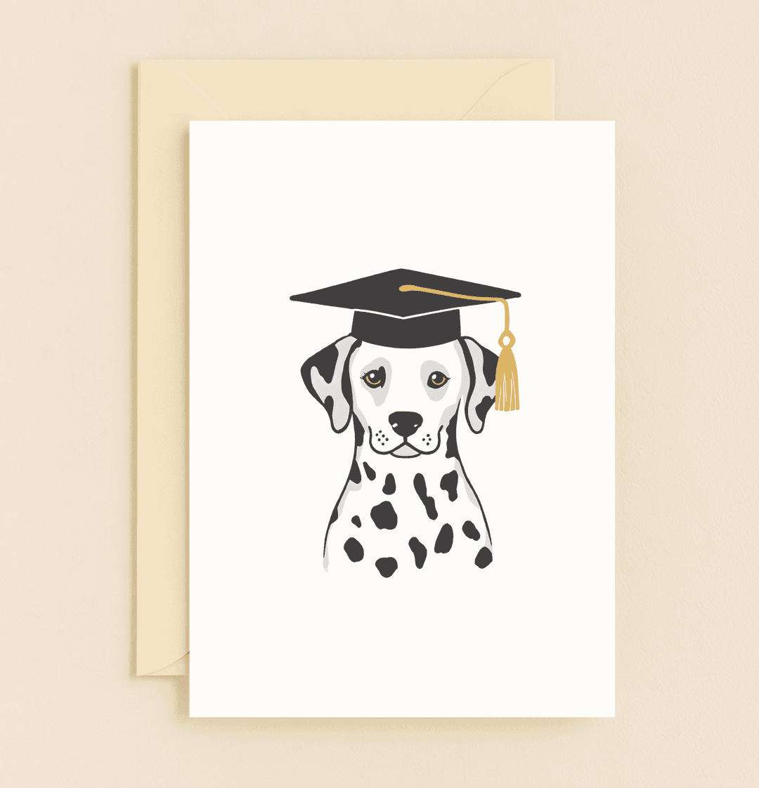 Celebrate graduation with our "Spot On! You're a Graduate Now" card featuring a delightful Dalmatian in cap and tassel, perfect for pun-loving achievers.
