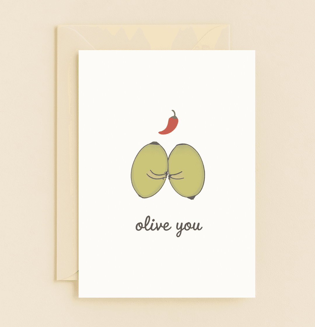 Celebrate your anniversary with a spicy twist and playful pun, featuring olives embracing under a chili pepper with the phrase "olive you.