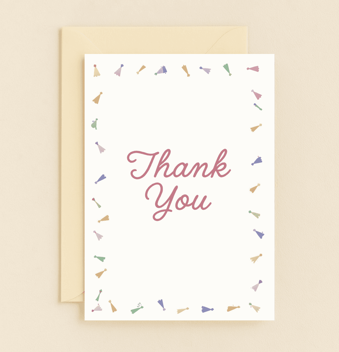 Express heartfelt gratitude with this elegant thank you card, featuring festive tassel illustrations and a cursive "Thank You" in vibrant pastel hues.