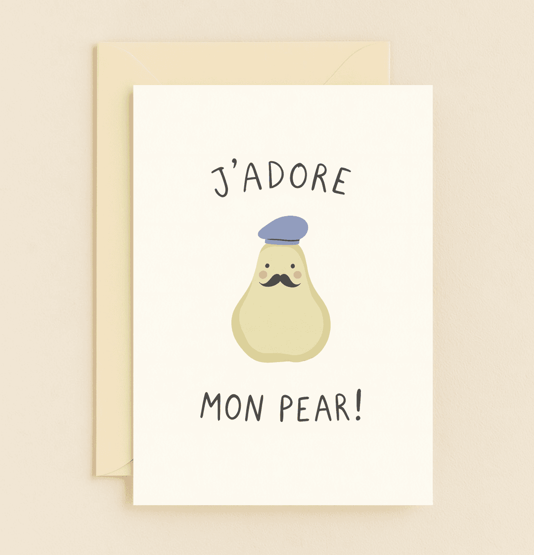 Celebrate Father's Day with a charming French-themed card featuring a mustached pear in a beret, perfect for dads who appreciate puns and playful wordplay!.