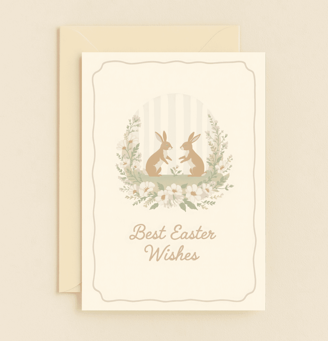 Celebrate Easter with "Hoppin' into Easter Joy," a pastel greeting card featuring serene rabbits and a floral wreath, perfect for springtime wishes.