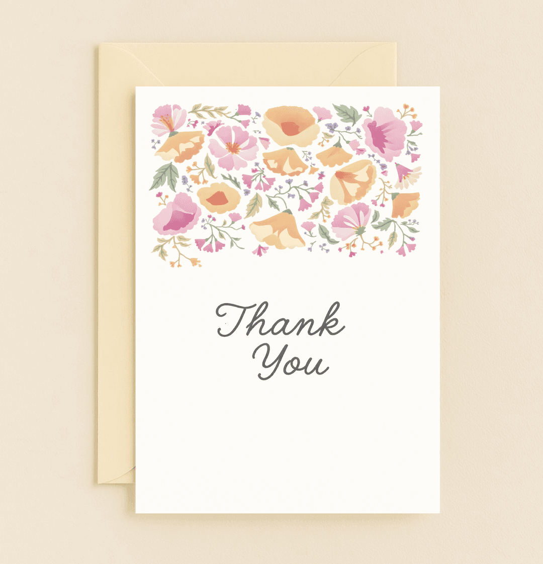Petals of Gratitude" is a charming thank-you card featuring a delicate watercolor floral design, perfect for expressing heartfelt appreciation.