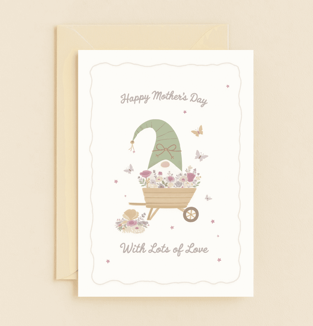 Celebrate Mother's Day with a whimsical card featuring a charming gnome in a flower-filled wheelbarrow, surrounded by butterflies and love.