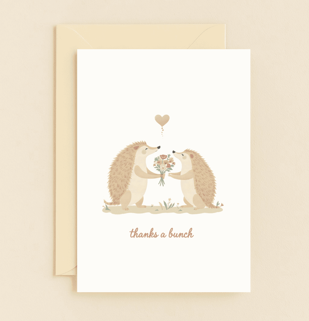 Send gratitude with a smile using our "Hedgehog Hugs and Flower Thanks" card, featuring adorable hedgehogs and playful puns in a charming floral scene.