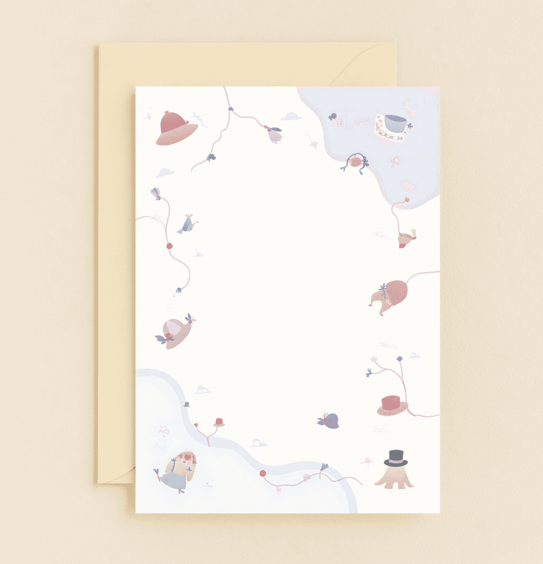 Celebrate Mother's Day with a whimsical card featuring pastel floral vines, playful hats, and a delightful bluebird, perfect for tea-time humor.