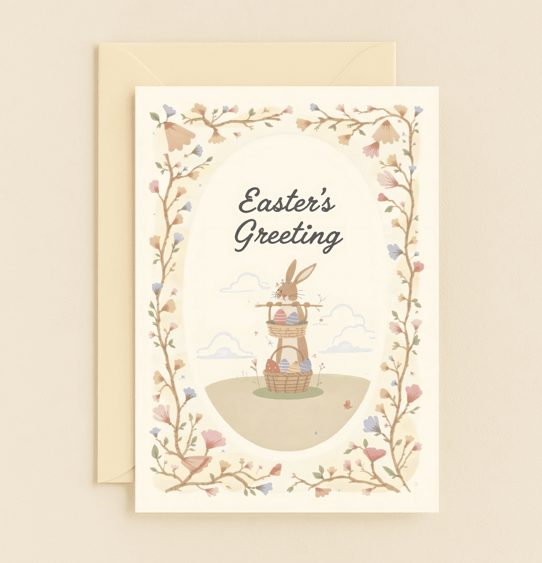 Celebrate Easter with a vintage-inspired card featuring a whimsical rabbit, colorful eggs, and pastel flowers, perfect for spreading springtime joy.