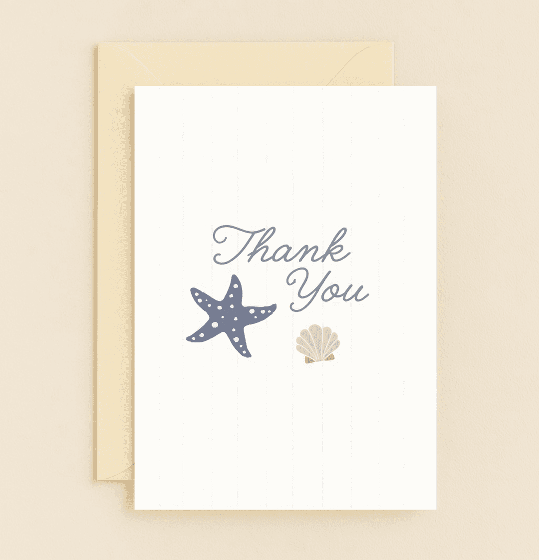 Express your gratitude with our Beachy Gratitude card, featuring a nautical design of starfish and seashells on a minimalist, coastal-themed backdrop.