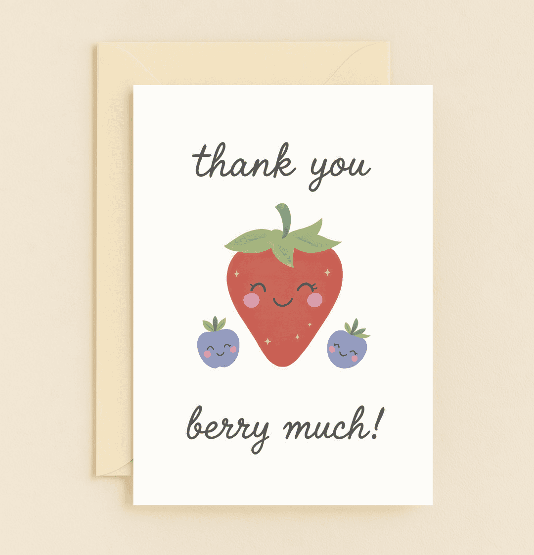 Express heartfelt gratitude with a playful pun and charming berry design in the "Sweetest Thanks: Berry Much!" card, perfect for a delightful thank you.