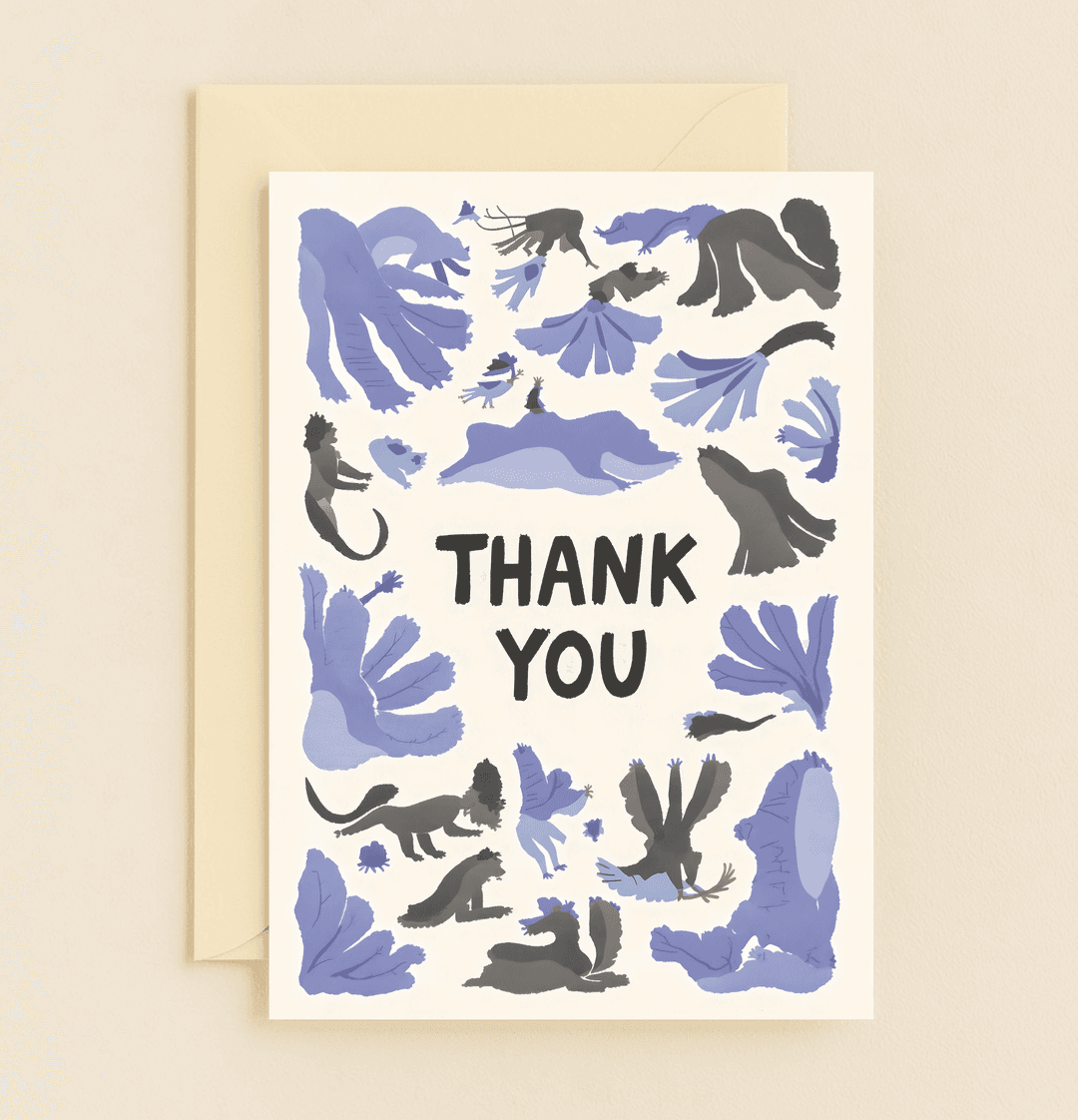 Express gratitude with whimsical charm through playful, stylized animals and mythical creatures, perfect for a thank you filled with absurd humor.