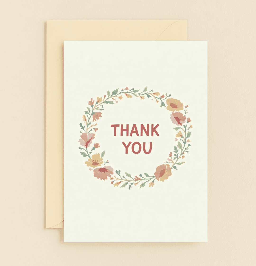 Express heartfelt thanks with our "Floral Wreath of Gratitude" card, showcasing a vibrant botanical design and bold "THANK YOU" on a soft, neutral background.