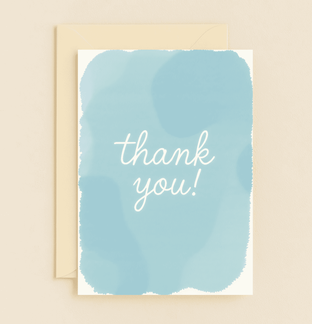 Express gratitude with our "Heartfelt Thanks in Blue Hues" card, featuring a handwritten font on a serene watercolor background and artistic, ragged edges.