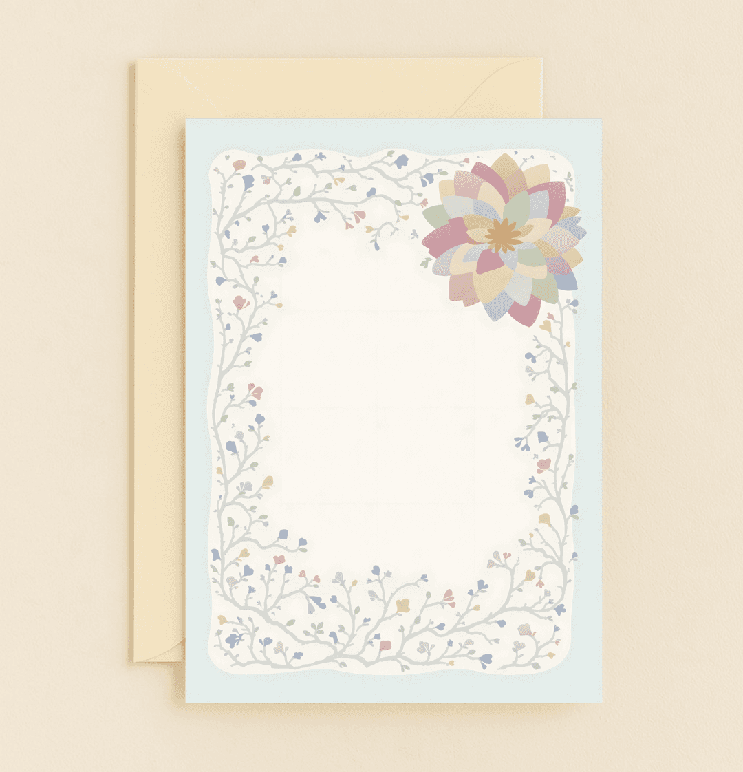 Celebrate Mother's Day with a pastel-hued floral card, featuring delicate branches and a multi-layered flower, perfect for your heartfelt message.