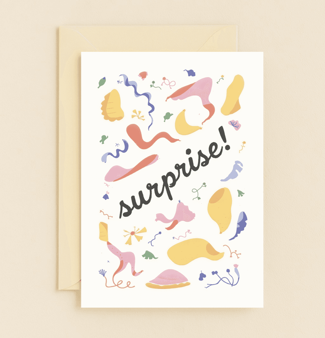 Celebrate in style with this whimsical birthday card, featuring playful pastel colors, abstract confetti shapes, and a joyful "surprise!" in handwritten text.