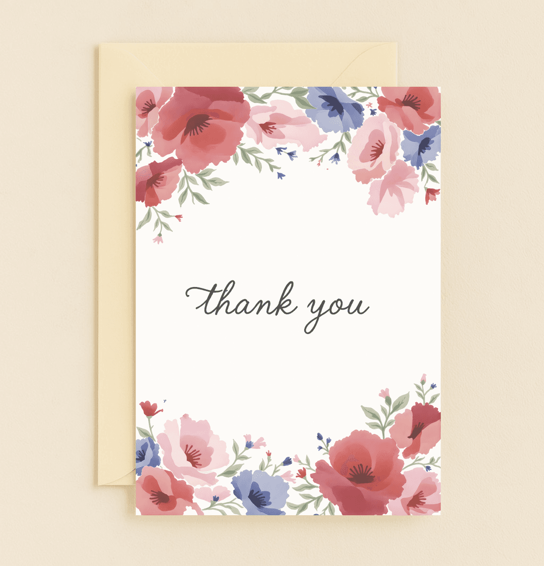 Express heartfelt appreciation with our "Floral Gratitude in Bloom" card, featuring elegant watercolor flowers framing a sincere "thank you.
