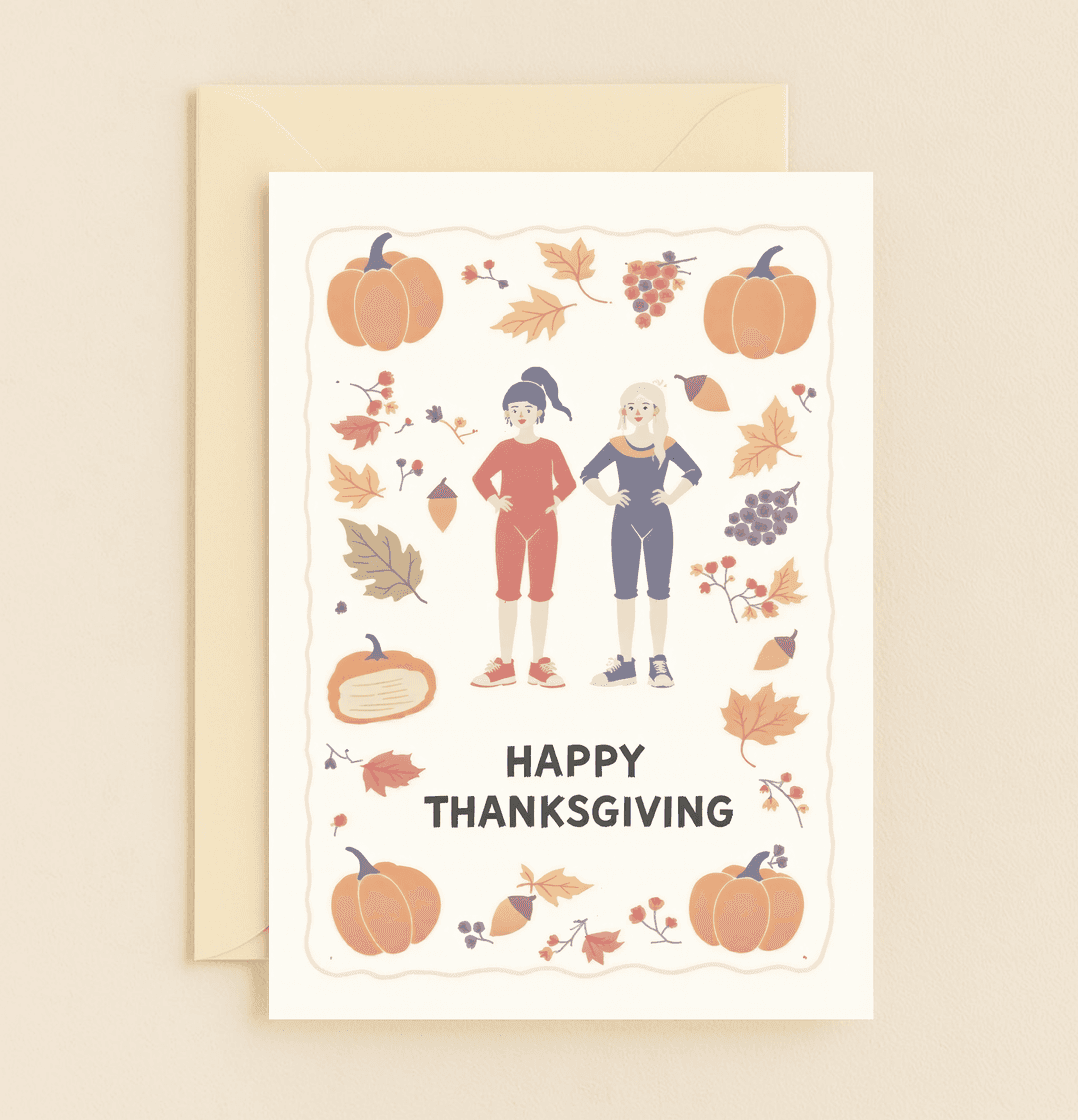 Celebrate Thanksgiving with humor and warmth through this vibrant card featuring confident friends amidst autumn's bounty.
