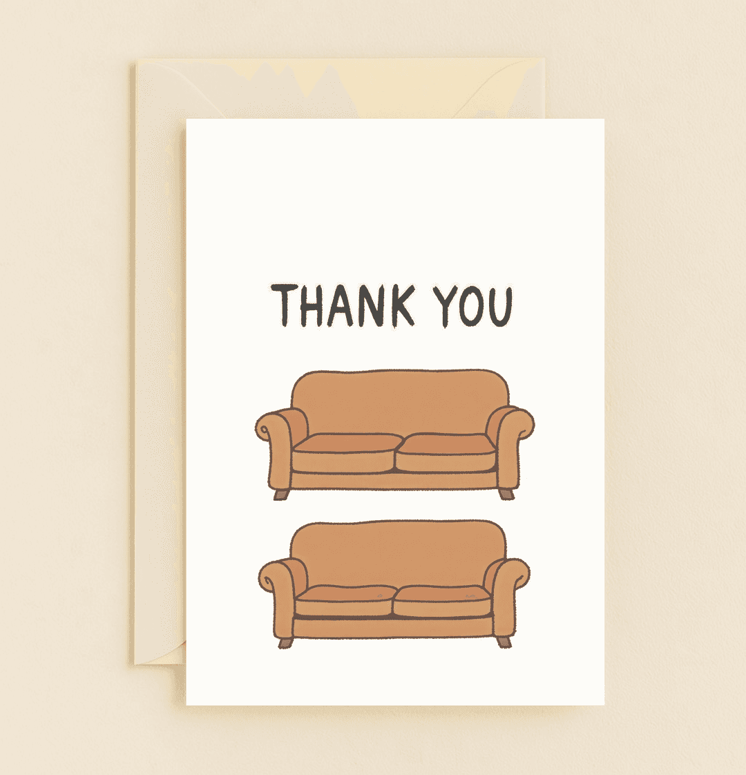 Express gratitude with a humorous, minimalistic card featuring iconic stacked couches for fans of pop culture and cozy furniture vibes.