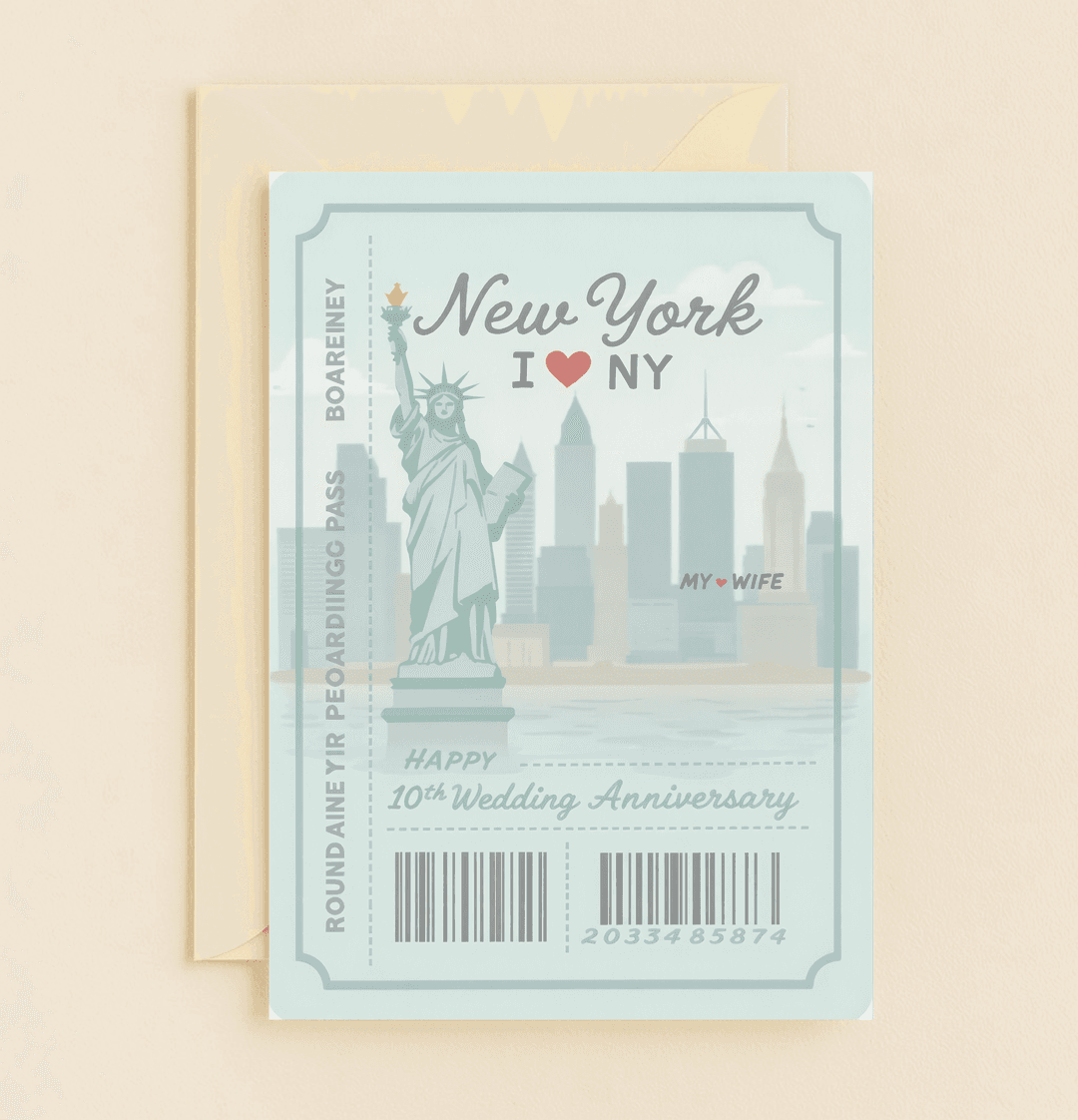 Celebrate your 10th anniversary with this NYC-themed greeting card, featuring a travel-inspired design and playful wordplay, perfect for your adventurous love.