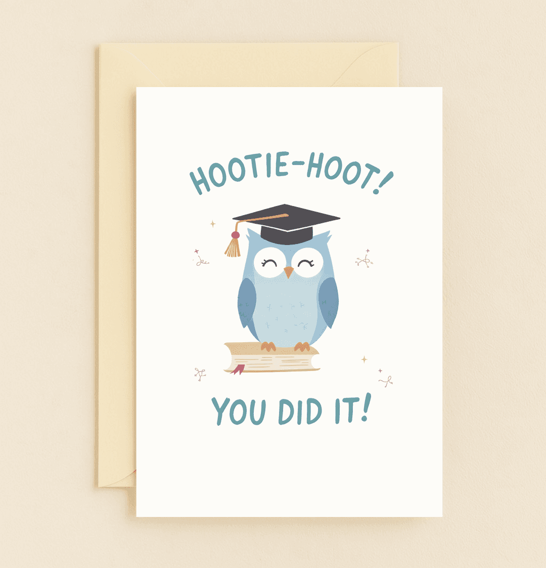 Celebrate their graduation with a whimsical card featuring a wise owl in a cap, perched on books, with playful puns and a festive sparkle.