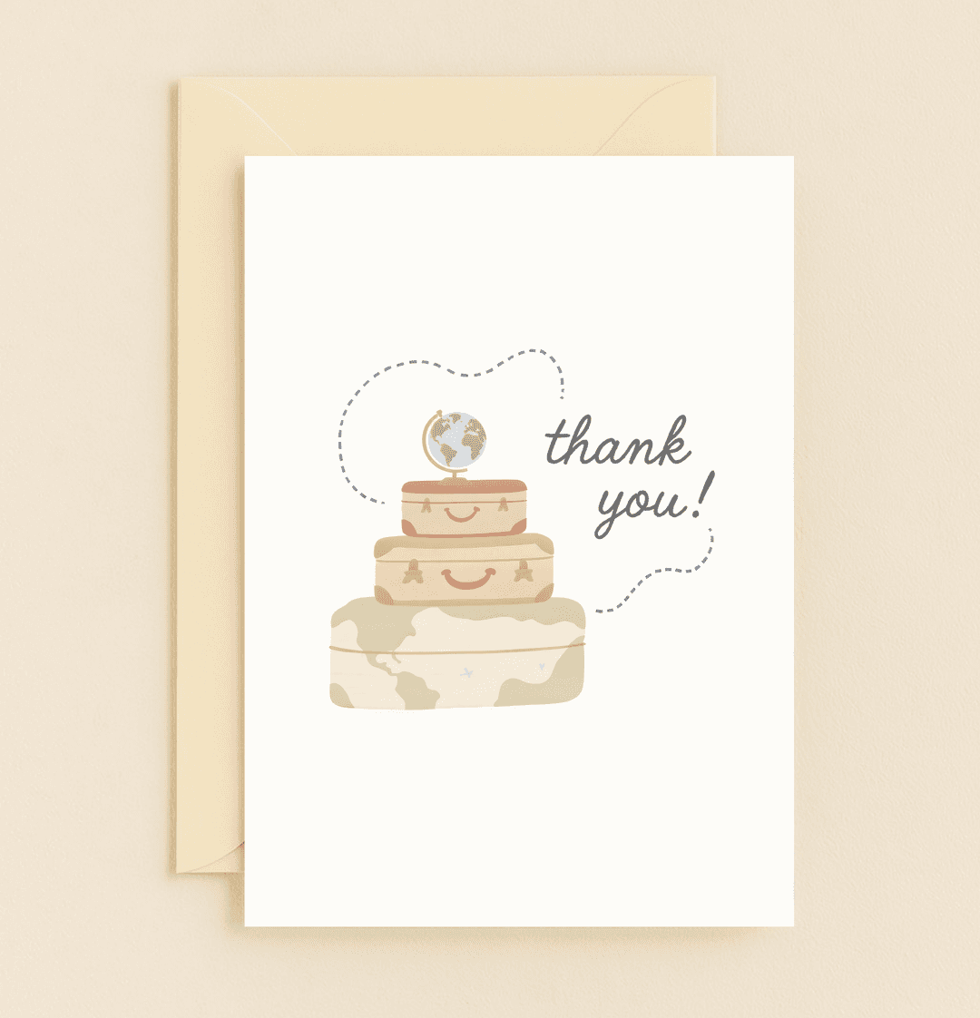 Say "thank you" with whimsy through this travel-themed card featuring pastel suitcases and a globe, perfect for adventurers with a sense of humor.