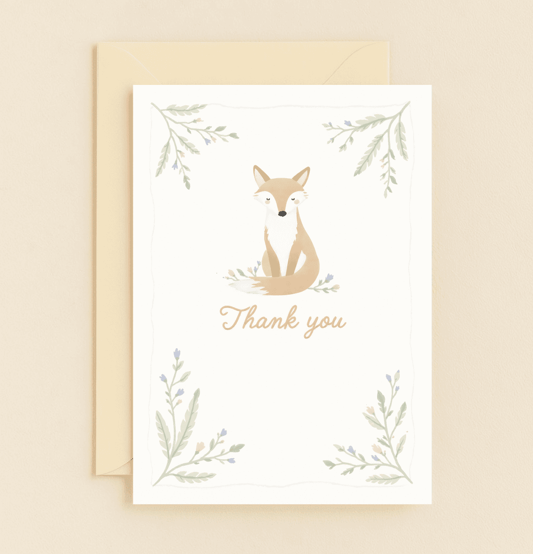 Express gratitude with a serene minimalist card featuring a cute fox and pastel flowers, perfect for nature lovers who appreciate calm elegance.