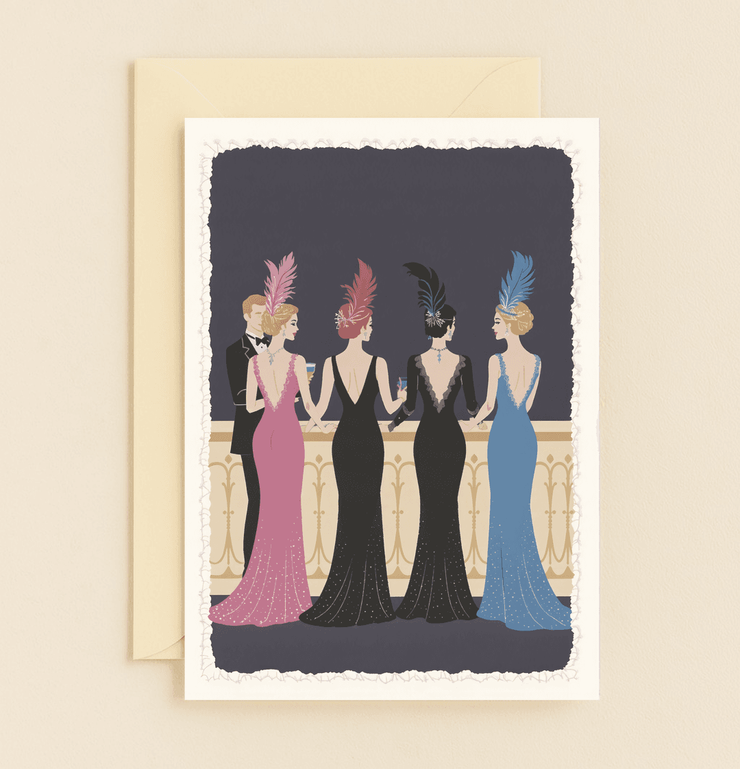 Celebrate your timeless love with a glamorous Jazz Age-inspired anniversary card featuring vintage fashion, sparkling gowns, and an elegant cocktail scene.