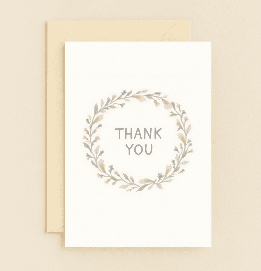 Express heartfelt thanks with this elegant card, showcasing a pastel floral wreath encircling a simple "THANK YOU" on a serene white background.