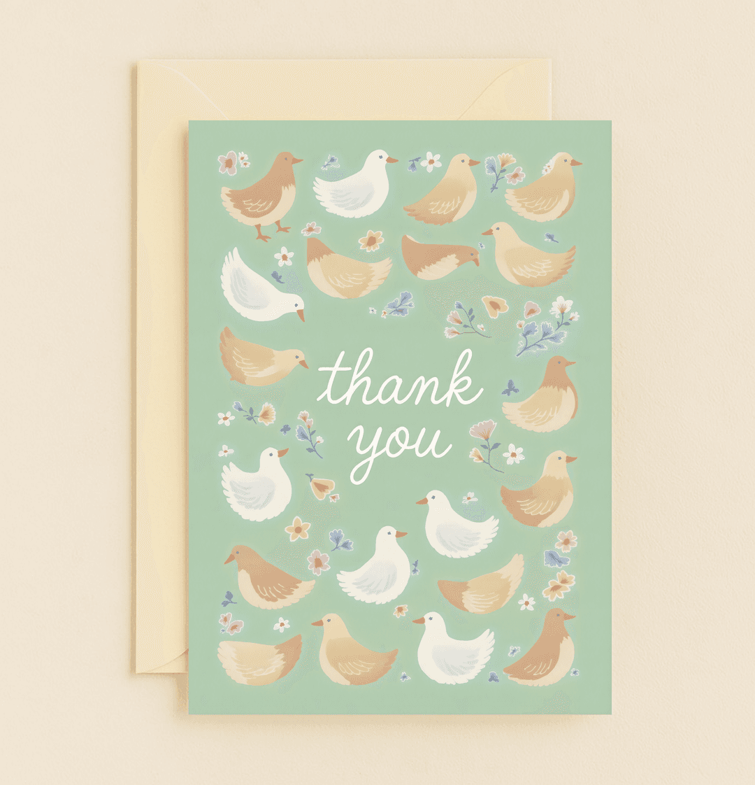 Express gratitude with this charming thank you card, featuring whimsical birds and delicate floral elements in soothing pastel hues.