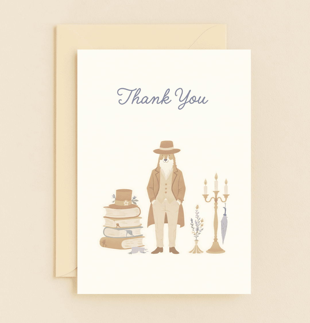 Express gratitude with a whimsical twist through a dapper dog in vintage attire, surrounded by books, flowers, and a glowing candelabra.