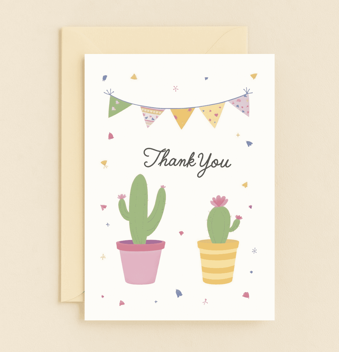 Express heartfelt gratitude with this charming card, featuring playful pastel bunting, blooming cacti, and a sprinkle of confetti joy.