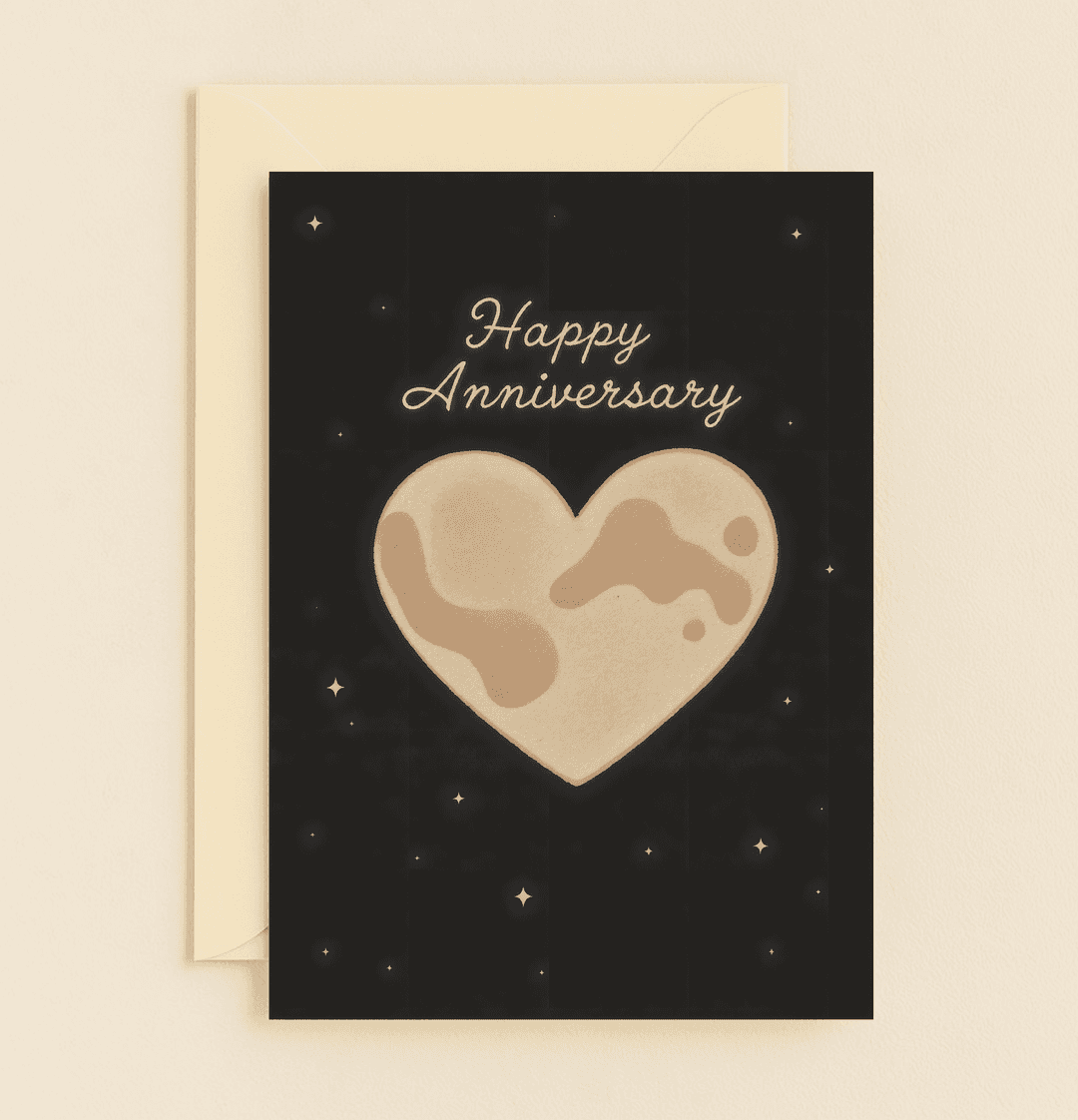 Celebrate your anniversary with the "Cosmic Love in Your Orbit" card, featuring a planetary heart surrounded by twinkling stars on a celestial backdrop.
