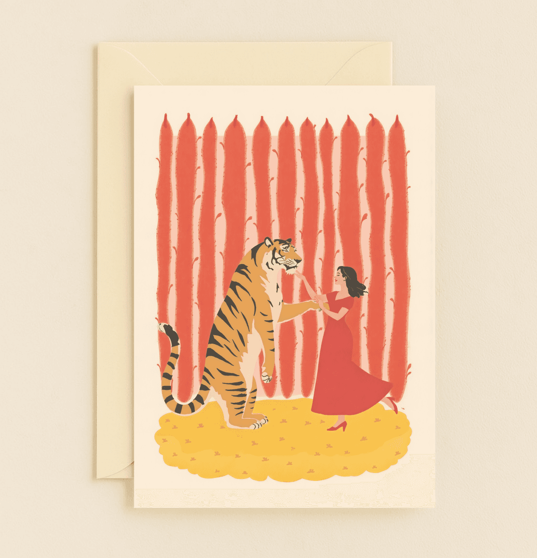 Celebrate your anniversary with whimsical charm through this surreal card featuring a daring dance with a tiger against a theatrical striped backdrop.