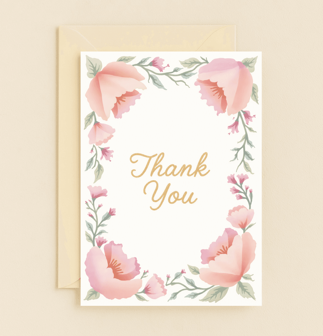 Express heartfelt thanks with "Blooming Gratitude," a pastel watercolor card featuring elegant florals and a golden script for a touch of delicate appreciation.