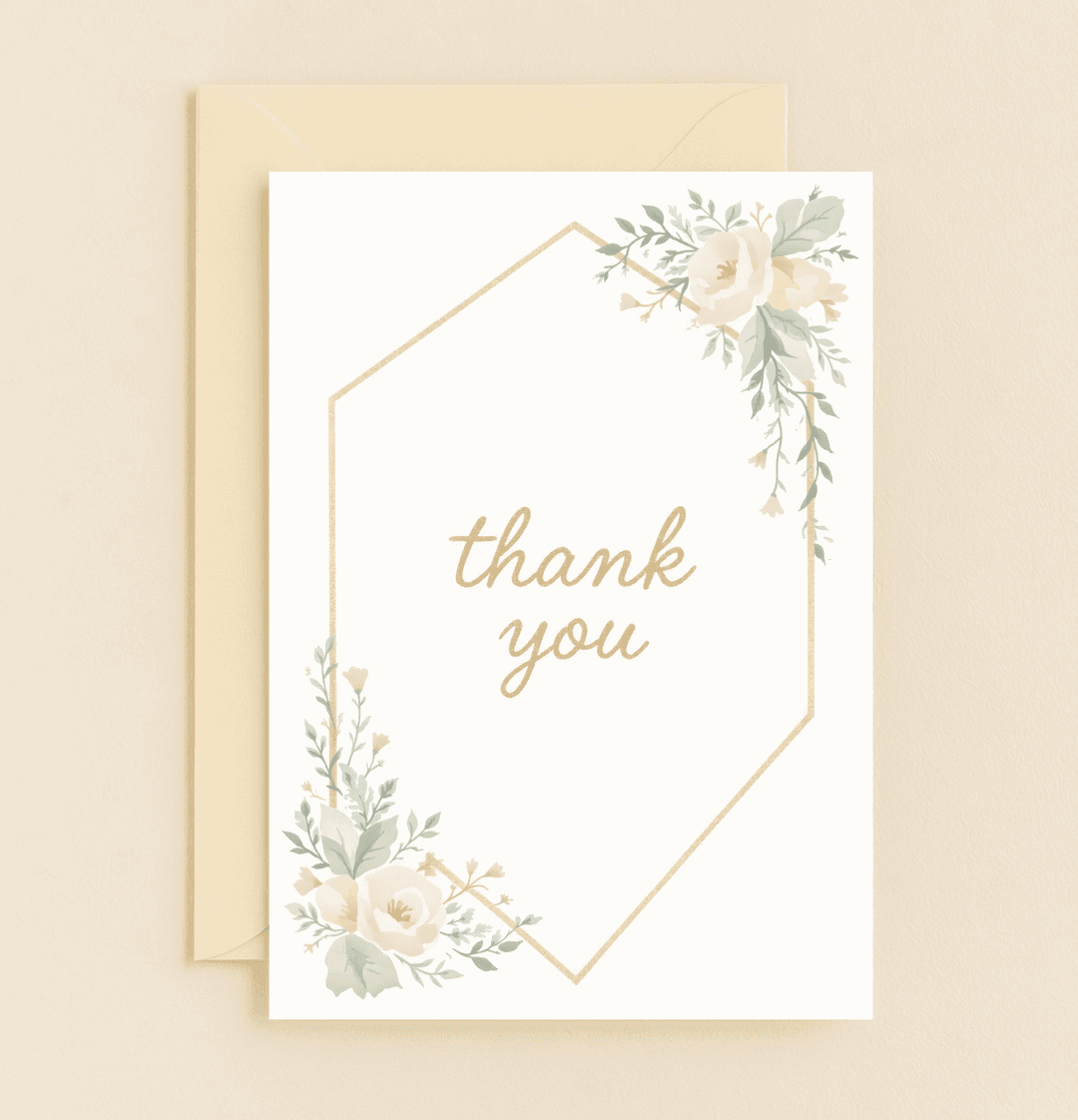 Express heartfelt thanks with "Elegant Blooms of Gratitude," a card featuring pastel florals and gold script in a chic hexagonal design.
