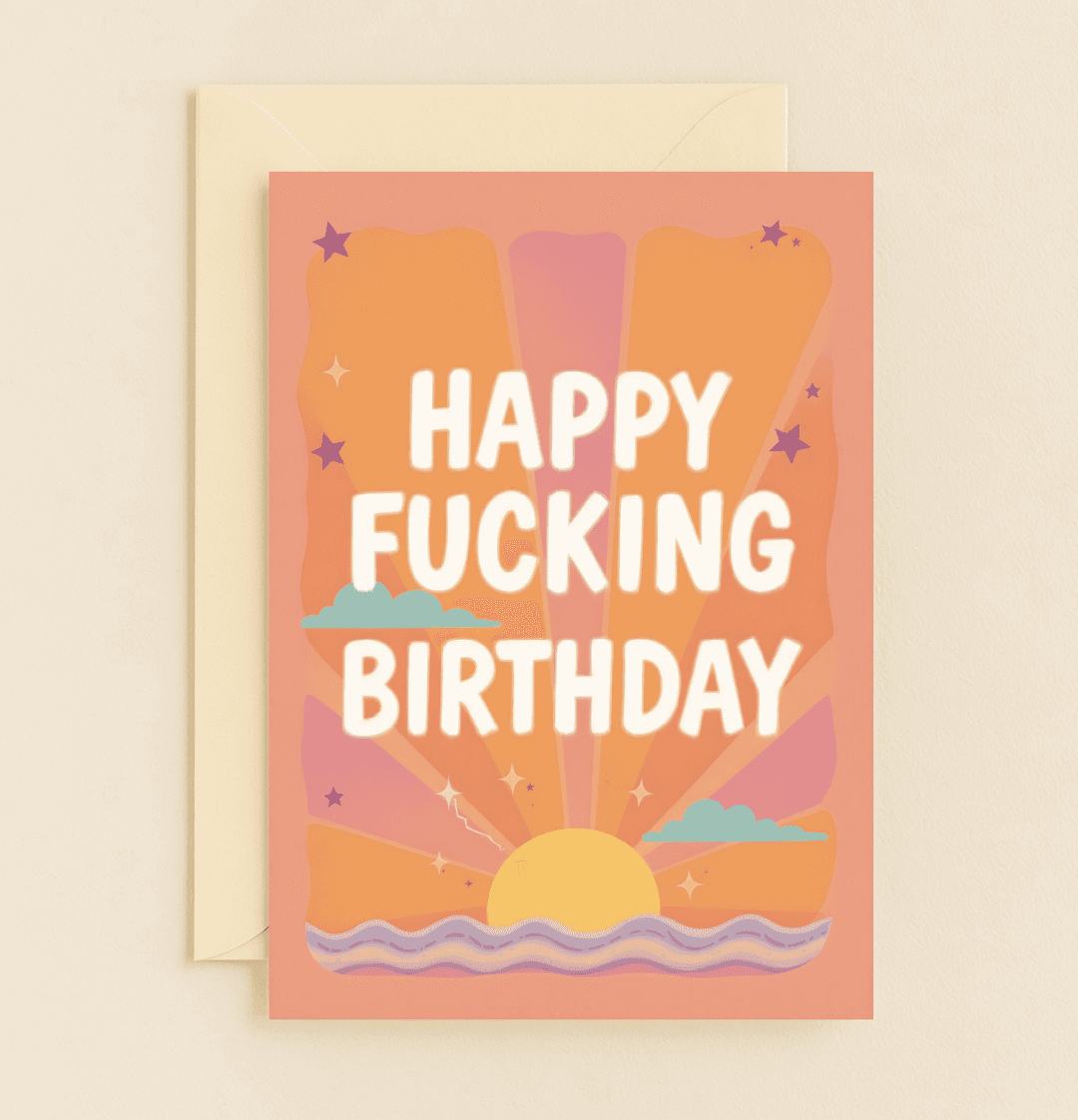Celebrate with a sarcastic twist using our bold, 70s-inspired sunset birthday card featuring cheeky humor and vibrant retro vibes.