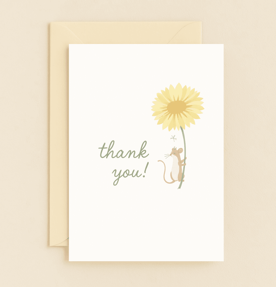 Brighten someone's day with this whimsical thank you card featuring an adorable mouse on a sunflower, complete with a playful dragonfly.