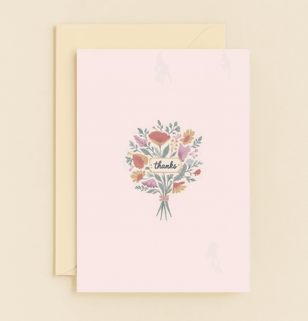 Express heartfelt thanks with the Floral Gratitude Blossom card, featuring a hand-drawn bouquet in vibrant hues and a charming "thanks" tag.