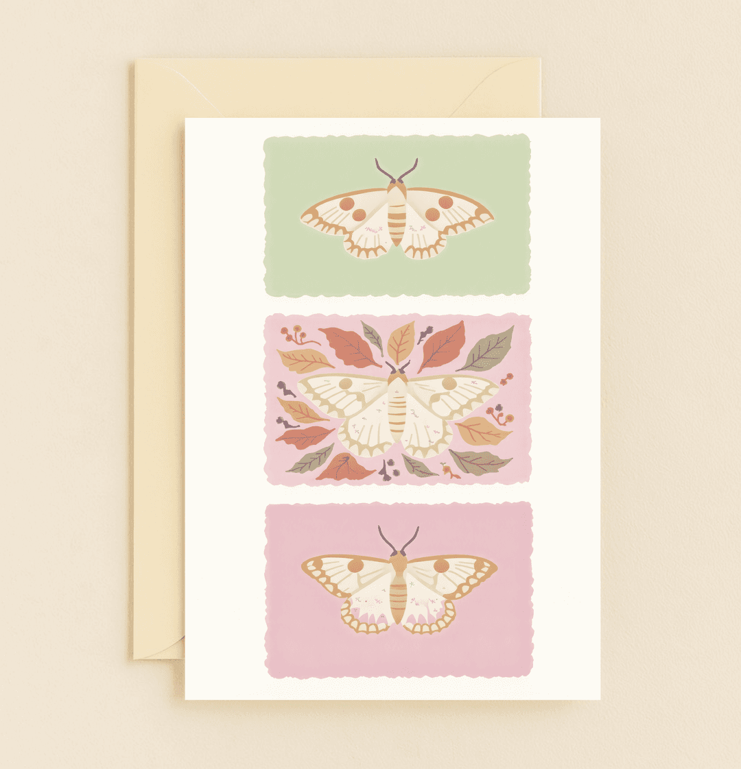 Celebrate Mother's Day with "Nature's Gentle Embrace," a serene card featuring artistic moths and botanical illustrations in soothing pastel hues.
