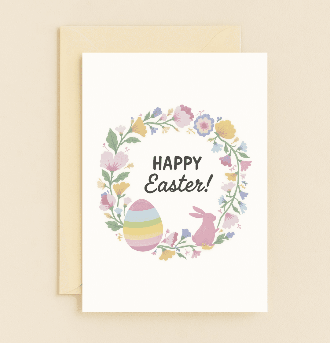 Celebrate Easter with the Springtime Joys Easter Card, featuring a pastel floral wreath, a colorful egg, and a charming pink bunny for a touch of seasonal cheer.